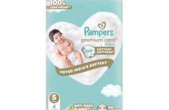 Pampers Premium Care Pant Style Baby Diapers S 4 Count | No Marks Design | Voted India’s #1 Softest Diaper | All in 1 diaper with 360 Cottony Softness